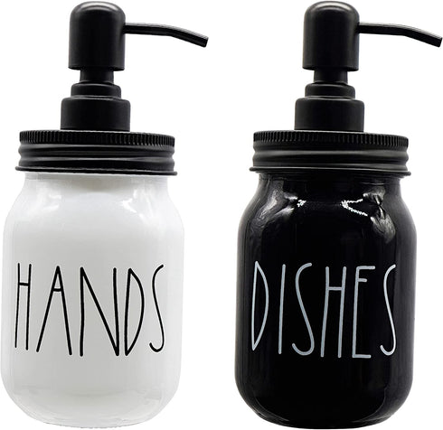 UrbanVillage Farmhouse Soap Dispenser Set - Glass Dish and Hand Soap Dispenser with Stainless Steel Liquid Pump - Cute Mason Jar for Your Kitchen - Glossy Black and White Farmhouse Decor