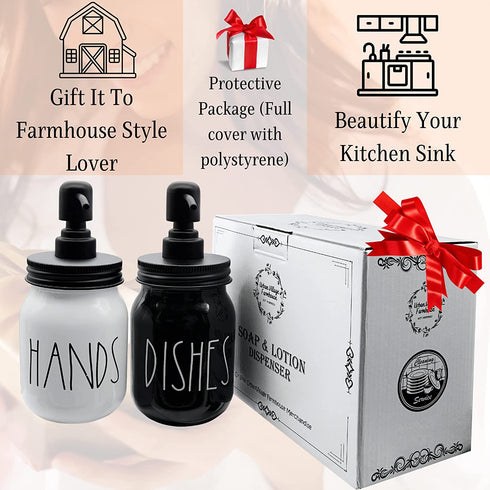 UrbanVillage Farmhouse Soap Dispenser Set - Glass Dish and Hand Soap Dispenser with Stainless Steel Liquid Pump - Cute Mason Jar for Your Kitchen - Glossy Black and White Farmhouse Decor
