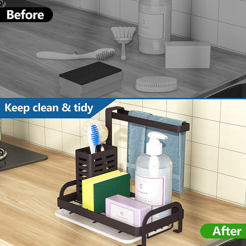 Sink Caddy Organizer, 1Easylife Kitchen Sink Caddy Bronze with Drain Tray Sponge Holder Brush Dishcloth Holder Hanger Countertop for Kitchen