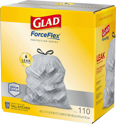 GLAD Protection Series Force Flex Drawstring Smell Shield, Gray, 13 Gallon, 110 Count