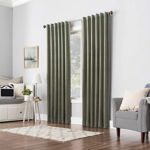 Sun Zero Hampshire Velvet Noise Reducing Thermal Extreme 100% Blackout Back Tab Curtain Panel, 50 in x 84, Moss Green