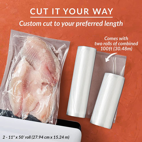 Nutri Lock Vacuum Sealer Bags - Set of 2 11x50 Inch BPA-Free Rolls - Vac Seal for Sous Vide & Meal Prep - Compatible with Foodsaver, Commercial Grade Bag