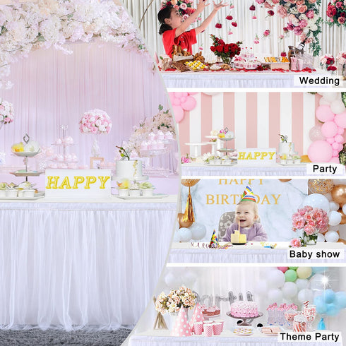 White Table Skirt Baby Shower 6ft Tulle Table Skirting with Gold Brim Round and Rectangle Tutu Table Decoration Table Cloth for Birthday Party,Gender Reveal Wedding(L6(ft), H30in)