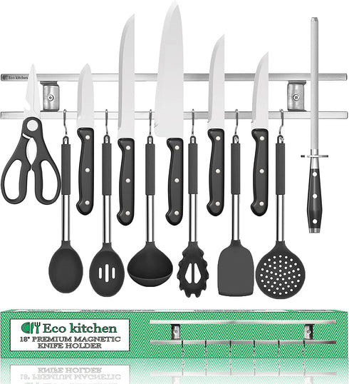 Magnetic Knife Holder for Wall - Stainless Steel Knife Magnetic Strip 18 Inch - Wall Knife Magnet Bar Rack With Hooks - Kitchen Utensil Holder and Knife Storage Holder