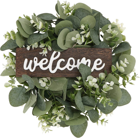 KESYOO Welcome Sign Artificial Eucalyptus Wreath Rustic Front Door Sign for Farmhouse Porch Front Door Decorations