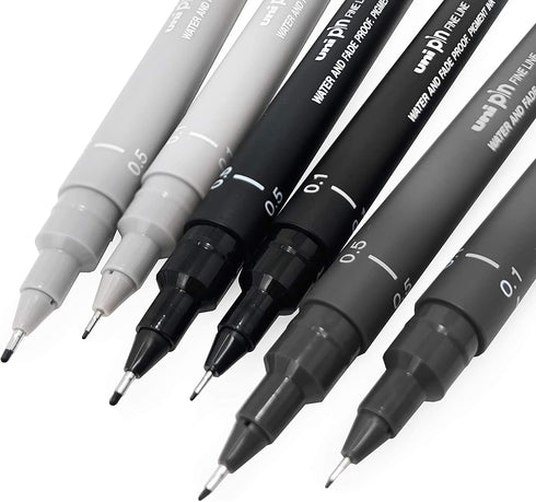 Uni Pin Fineliner Drawing Pen - Sketching Set - Gray Tones - 0.1/0.5mm - Set of 6