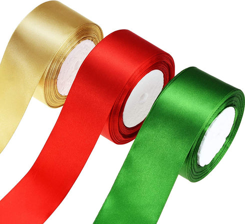 3 Rolls Wide Christmas Satin Ribbon Double Face Polyester Satin Ribbon Solid Satin Ribbon for Christmas Wedding Mother's Day Gift Wrapping Crafts Hair Bows, Party Favors … (2inch, Red, Green,Gold)