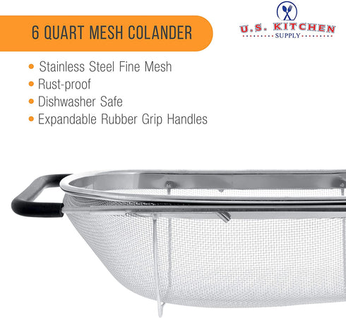 U.S. Kitchen Supply - Premium Quality Over The Sink Stainless Steel Oval Colander with Fine Mesh 6 Quart Strainer Basket & Expandable Rubber Grip Handles - Strain, Drain, Rinse Fruits, Vegetables