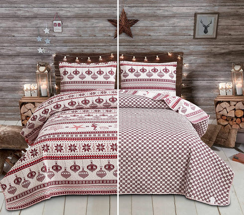 Lodge Style Ultra Lightweight Quilt Set Queen Size 90"x90", Striped 3 Piece Bedding Sets, Deer Snowflake Printed Rustic Bedspread Coverlet for Cabin Country Home Bedroom Decor,1 Quilt + 2 Pillow Shams