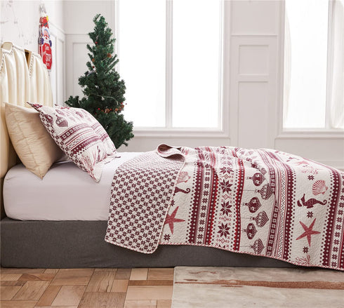 Lodge Style Ultra Lightweight Quilt Set Queen Size 90"x90", Striped 3 Piece Bedding Sets, Deer Snowflake Printed Rustic Bedspread Coverlet for Cabin Country Home Bedroom Decor,1 Quilt + 2 Pillow Shams