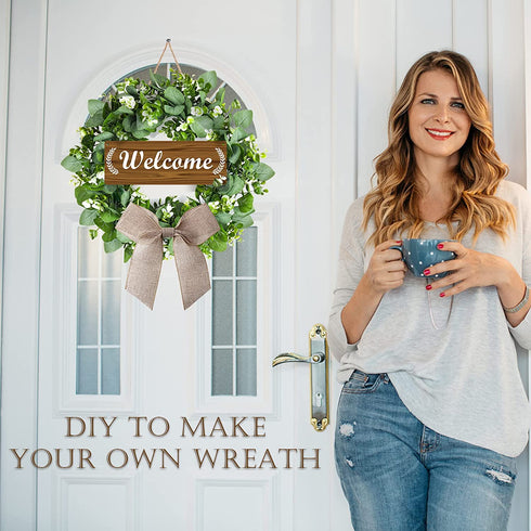 Spring Wreaths for Front Door Wreath 16 inch with Welcome Sign Farmhouse Outdoor Summer Wreath Greenery Eucalyptus for All Seasons