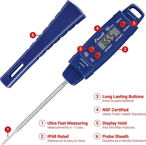Escali Advanced Digital Waterproof Meat Thermometer, Min/Max Recall, Pack of 1, Navy Blue