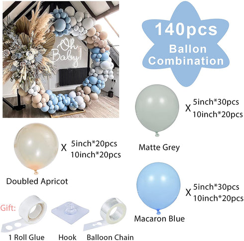Blue Balloons Arch Garland Kit 140Pcs DIY Double-Stuffed Apricot Matte Grey Balloons for Baby Shower Wedding Birthday Party Centerpiece Background Decoration