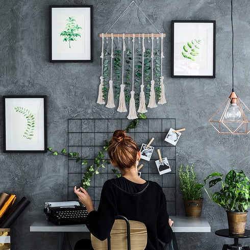 Artificial Eucalyptus Wall Decor Artificial Eucalyptus Garland Fake Eucalyptus Greenery Fake Eucalyptus Vines Wall Hanging with Woven Tassels for Backdrop Arch Wall Wedding Bedroom Apartment Decor