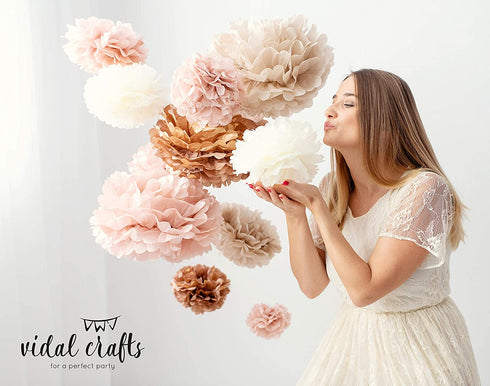Vidal Crafts 20 PCS Dusty Pink, Rose Gold, Ivory, Pastel Grey, Tissue Paper Pom Poms Kit, 14", 10", 8", 6", Tissue Paper Flowers for Wedding, Birthday, Bridal Shower, Bachelorette, Baby Shower D©cor