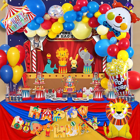 Golray 138Pcs Carnival Circus Balloon Garland Arch Kit for Kids Carnival Circus Theme Birthday Party Decorations Supplies, Carnival Decor with Happy Birthday Banner Circus Tent Lion Clown Head Popcorn