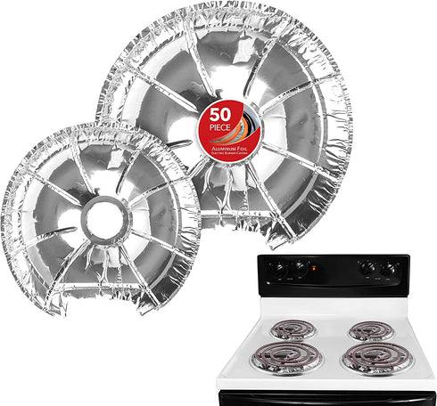 Round Electric Stove Burner Covers (50 Pack) 6 Inch and 8 Inch Disposable Stove Top Aluminum Foil Bib Liners, to Keep Kitchen Range Clean from Oil and Food Drips, Stock Your Home