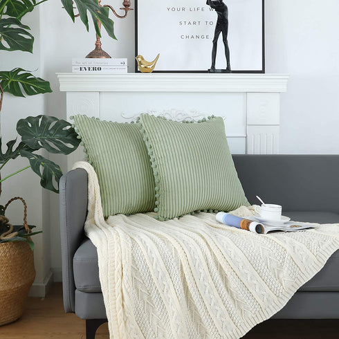 sykting Sage Green Pillow Covers 18x18 inch Soft Striped Boho Farmhouse Decorative Throw Pillow Covers with Pom Poms for Couch Sofa Bed Chair Outdoor Pack of 2