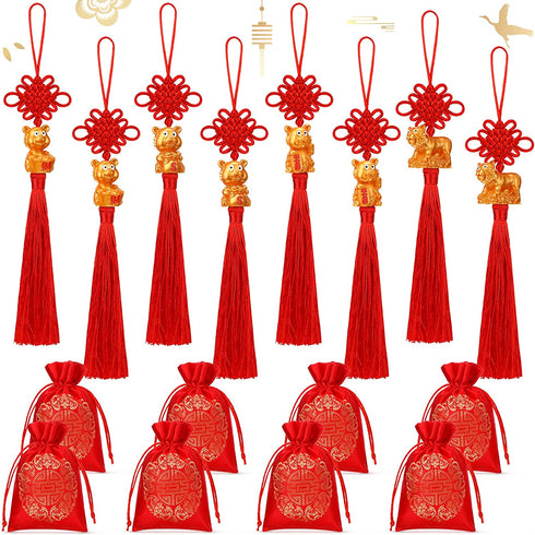 16 Pieces 2022 Chinese New Year Decorations Chinese Knot with New Year Tiger Charm Red Blessing Bag with Fringe Chinese Feng Shui Tiger Tassel for New Year Home Wealth Success Good Luck Success