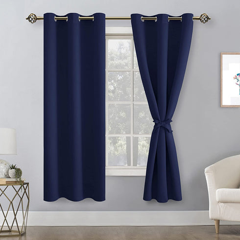 Hiasan Blackout Curtains for Bedroom, 42 x 63 Inches Length - Thermal Insulated & Light Blocking Window Curtains for Living Room, 2 Drape Panels Sewn with Tiebacks, Navy Blue