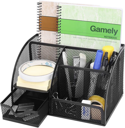 Flexzion Desk Organizer Office Supplies Accessories Desktop Tabletop Sorter Shelf Pencil Holder Caddy Set - Metal Mesh with Drawer and 6 Compartments (Black)