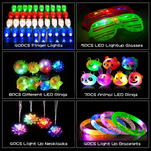 Led Light Up Toys 68Pcs Party Favors for Kids Adults, Glow in the Dark Party Supplies include 40 Finger Lights, 8 Jelly Rings, 7 Light Up Animals Rings, 5 Led Glasses, 4 Bracelets, 4 Led Crystal Necklaces
