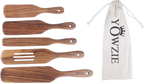 Yowzie Spurtle Shovel Scraper 5 Piece Kitchen Set Utensils Non-Stick Heat Resistant Insta-Pot Cookware Natural Slotted Acacia Wooden Set For Stirring Mixing Serving