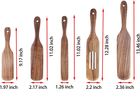 Yowzie Spurtle Shovel Scraper 5 Piece Kitchen Set Utensils Non-Stick Heat Resistant Insta-Pot Cookware Natural Slotted Acacia Wooden Set For Stirring Mixing Serving