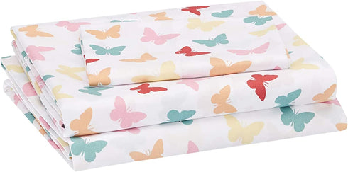 Amazon Basics Kids Butterfly Friends Soft, Easy-Wash Microfiber Sheet Set - Twin, Multi-Color Butterflies
