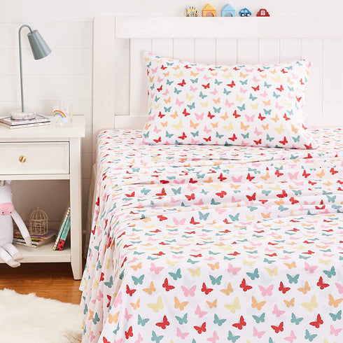 Amazon Basics Kids Butterfly Friends Soft, Easy-Wash Microfiber Sheet Set - Twin, Multi-Color Butterflies