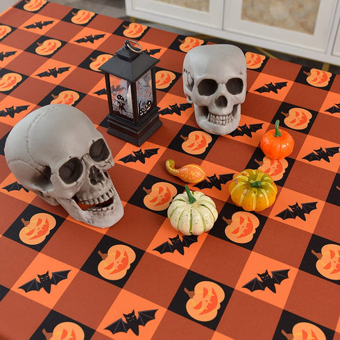 Softalker Halloween Rectangle Tablecloth, Waterproof Washable Checkered Halloween Themed Orange Pumpkin Bats Polyester Table Cloth for Party Decoration & Horror Movie Nights 60 x 84 inch