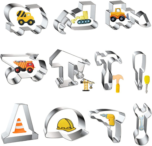 wonmon Wonmon 11PCS Construction Cookie Cutters Set, Excavator, Bulldozer, Dump Truck, Crane, Hammer, Wrench, Drill, Safety Helmet Construction Tools Cutters Molds Set for Construction Themed Party