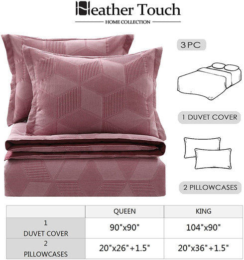 Heather Touch Waffle Duvet Cover Set Queen Size for Spring 3pcs Warm Textured Geometric Cotton Blend Comforter Cover Decorative Soft Bedding Set 90x90inches