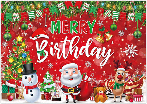 Allenjoy 7x5ft Red and Green Merry Birthday Christmas Photo Backdrop for Kids Family Happy Holiday Friendsmas Xmas New Year Eve Jolly Santa Claus Party Supplies Decoration Banner Photoshoot Background
