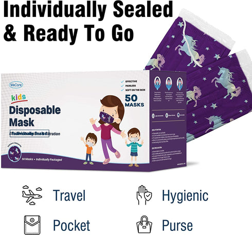 WeCare Disposable Face Masks For Kids, 50 Printed Masks, Individually Wrapped