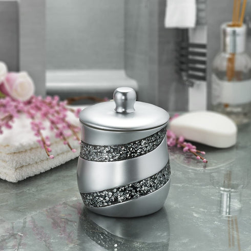 Silver Mosaic Q Tip Holder (3.8 x 3.8 4.9") - Decorative Cotton Ball Jar- Durable Resin Swab Container- Beautiful Bathroom Vanity Accessories- Elegant Bath Storage (Silver Gary) - Creative Scents