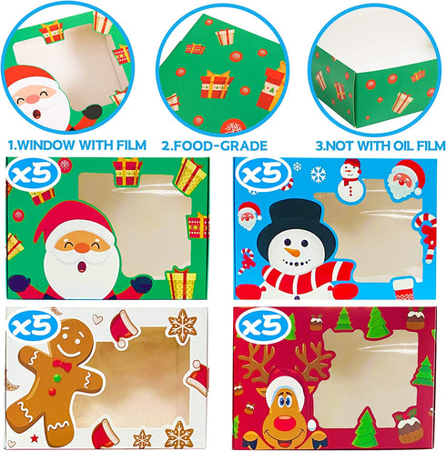 Funnlot Christmas Cookie Boxes Christmas Treats Container With Window 20PCS Christmas Treat Cookie Holiday Candy Box Christmas Baking Boxes Reindeer Santa Snowman Gingerbread Cookie Boxes