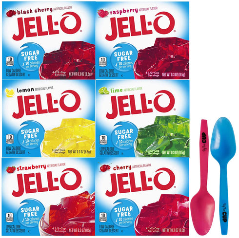 Jell-O Sugar Free Gelatin Variety, Black Cherry, Raspberry, Lemon, Lime, Strawberry, Cherry, 0.3 oz Boxes (Pack of 6) with By The Cup Mood Spoons