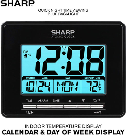 Sharp Atomic Desktop Clock Auto Set Digital Alarm Clock - Atomic Accuracy - Easy to Read Screen with Time/Date/Temperature Display- Perfect for Nightstand or Desk