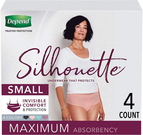 Depend Silhouette Incontinence and Postpartum Underwear for Women, Maximum Absorbency, Disposable, Small, Pink/Black/Teal/Berry, 4 Count