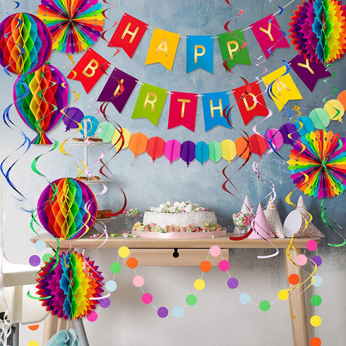 Whaline Colourful Birthday Decorations Hot-air Balloon Fiesta Hanging Paper Fans Hanging Swirl Polka Dot String Pom Poms Flowers Happy Birthday Banner Paper Garland for Birthday Decor Party 20Pcs
