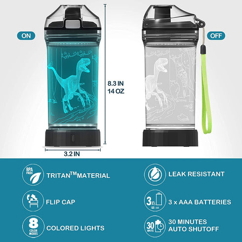 Light Up Dinosaur Water Bottle with Color Changing Night Light- 14 OZ Tritan BPA Free Eco-Friendly - Cute Velociraptor Kids Drinking Cups Gift for School Boy Girl Child Christmas Holiday