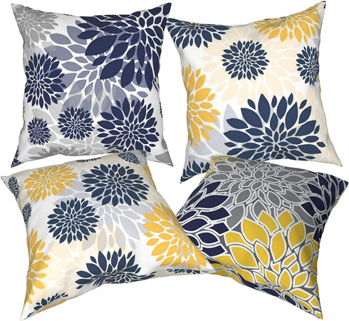 Throw Pillow Covers 18 X 18 Set of 4,Navy Blue Gold Oversized Flower Geometry Square Pillow Cushion Cases,Yellow and Gray Floral Modern Decorative Pillow Covers for Couch Sofa Bedroom Car