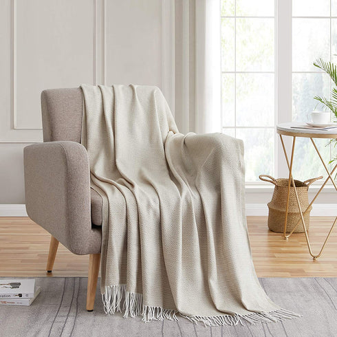Bourina Decorative Diamond Lattice Faux Cashmere Fringe Throw Blanket Lightweight Soft Cozy for Bed or Sofa Farmhouse Outdoor Throw Blankets, 50" x 60", Beige