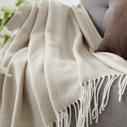 Bourina Decorative Diamond Lattice Faux Cashmere Fringe Throw Blanket Lightweight Soft Cozy for Bed or Sofa Farmhouse Outdoor Throw Blankets, 50" x 60", Beige