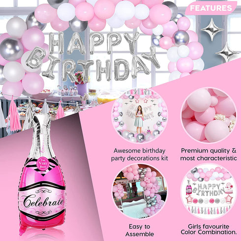 Pink Birthday Decorations - Pink Party Decorations with Happy Birthday banner, Tissue Paper Pom, Tassel Ribbon, Champagne Balloon, Birthday Party Decorations for Girls Women