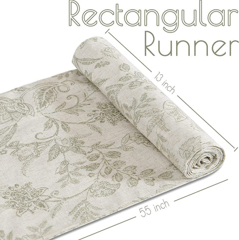 JINCHAN Table Runner Table Cloth Linen Textured Table Runner 72 Inch Floral Pattern Decorative Burlap Table Cover Botanic Printed Design Rustic Handcrafted Flax Tablecloth 1 Panel Sage on Beige