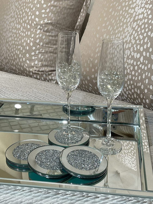 Glass Coasters for Drinks, Set of 4, Diamond Decor, Silver Crystal, Mirrored Elegant, Fancy, Glam, for Home Kitchen Table Bar Accessories, Round (4? x 4?)