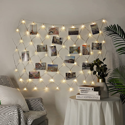 Hanging Photo Display 3.3x3.3 Ft, 75 LED Net Photo Clips String Light with 25 Clips and Remote, 8 Modes USB Operated Fairy Lights for Home Bedroom Indoor Wall Decoration (Warm White)