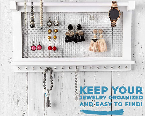 Comfify Rustic Jewelry Organizer - Wall Mounted Jewelry Holder w/Removable Bracelet Rod, Shelf & 16 Hooks - Perfect Earrings, Necklaces & Bracelets Holder - Pure White